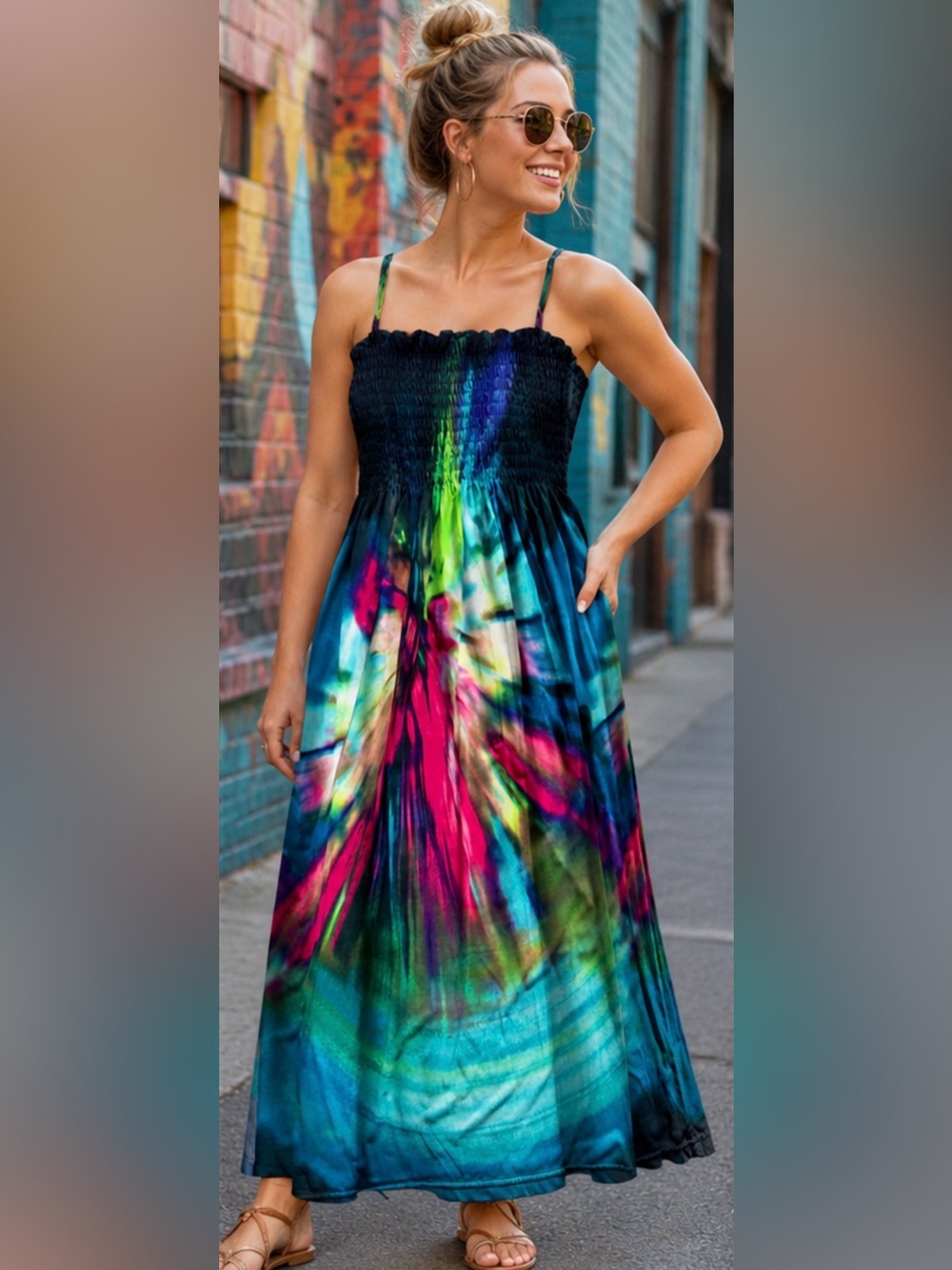 Smocked Bodice Multi-Color Maxi Dress - Turquoise, Pink (Stretchy)  - size S/M